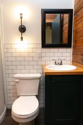 a bathroom with a white toilet and a sink at Miette Mountain Cabins in Jasper