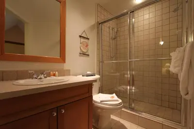 a bathroom with a toilet and a sink and a shower at Lake Placid Lodge by Whistler Retreats in Whistler