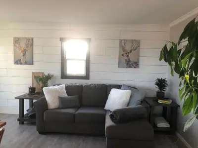 a living room with a couch and a window at Sunrise Cabin secluded beach front accommodation in Sandspit