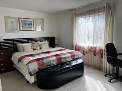 a bedroom with a bed with a cat sitting on it at Hidden valley treehouse home! in Calgary