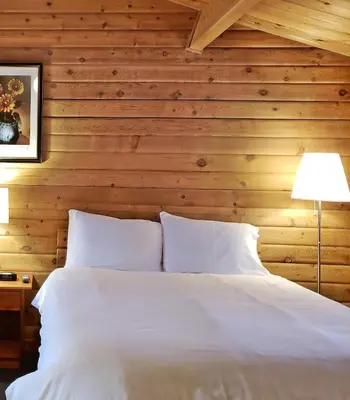 a bedroom with a white bed with a wooden wall at Rocky Inn in Valemount