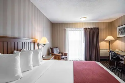 a hotel room with a large bed and a window at Quality Hotel in Drumheller