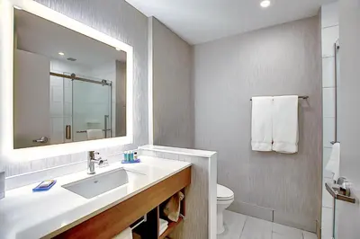 a bathroom with a sink and a mirror and a toilet at Holiday Inn Express & Suites - Calgary Airport Trail NE by IHG in Calgary
