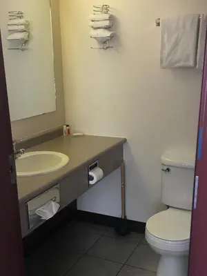 a bathroom with a sink and a toilet and a mirror at Almada Inn in Fort Nelson