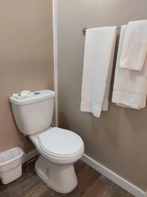 a bathroom with a white toilet and towels at Richter Pass Beach Resort in Osoyoos
