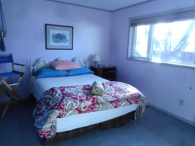 a bedroom with a bed and a window at Queen, walk to village center in Whitehorse