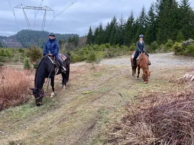 two people riding on horses on a field at Maple Heart Ranch in Shawnigan Lake