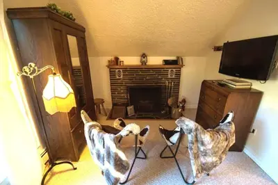 a living room with two chairs and a fireplace at North House - Banff Mountain Home- The Real Rockies Experience in Banff