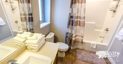 a bathroom with a sink and a toilet and a shower at Echo Landing #12 by Bear Country in Sun Peaks