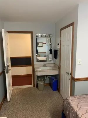 a bathroom with a sink and a mirror at Peaks Lodge in Revelstoke