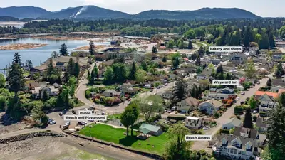 an aerial view of a small town with houses at The Wayward Inn in Chemainus