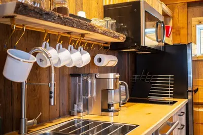 a kitchen with a sink and a coffee maker at Boulder Mountain Resort in Revelstoke