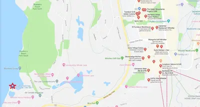 a close up of a map with red dots at 1BR and Sofabed at Whistler on the Lake, Lakefront, Serene Setting, Wood Burning Fireplace in Whistler