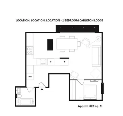 a floor plan of a small apartment at 1BR in Carleton Lodge, Unbeatable Mountain Base Location, Ski In, Ski Out, Free Parking in Whistler