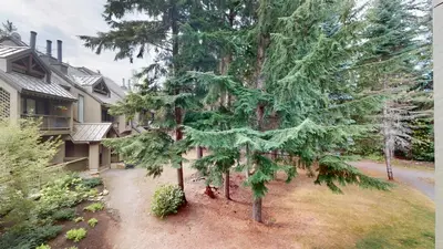 an aerial view of a house with a large tree at 2BR plus Den in The Gables, Unbeatable Location Near Gondolas, Private Balcony, Secure Parking in Whistler