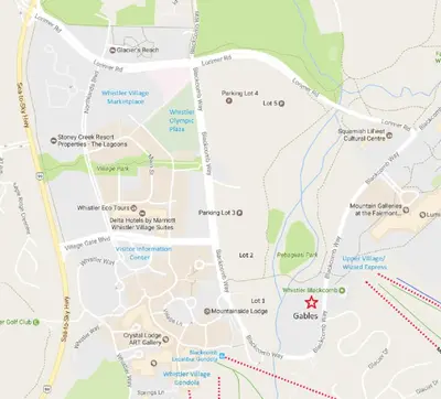 a map of the city of calgary with a red star at 2BR plus Den in The Gables, Unbeatable Location Near Gondolas, Private Balcony, Secure Parking in Whistler