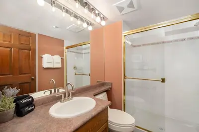 a bathroom with a sink and a toilet and a shower at 2BR in The Lynx, Family Sized, Mountain Views, Private Balcony, Tranquil Location, Parking in Whistler