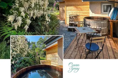 a collage of pictures of a garden and a pool at Manna House in Denman Island