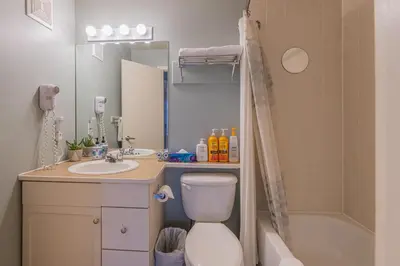 a bathroom with a toilet and a sink and a shower at Windtower Lodge - Canmore in Canmore