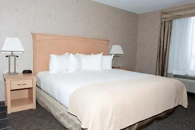 a hotel room with a large bed with white pillows at Paradise Inn and Suites in Valleyview