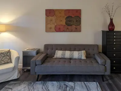 a living room with a couch and a dresser at Maple Rise Guesthouse in Duncan