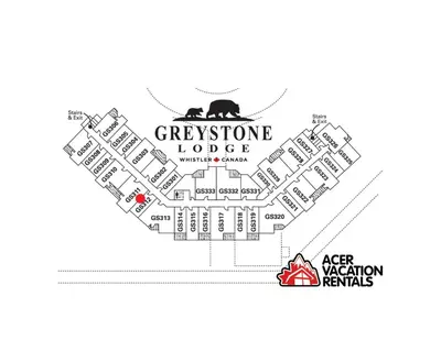 a map of the greenstone lodge with cats in the middle at Greystone Lodge 311 Ski-in Out in Whistler