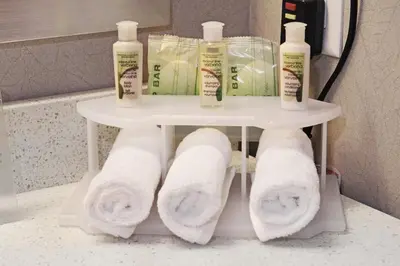 a white shelf with toilet paper and bottles on it at Holiday Inn Express and Suites Calgary University by IHG in Calgary