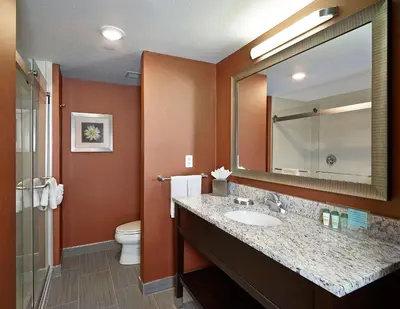 a bathroom with a sink and a toilet and a mirror at Hampton Inn by Hilton Calgary Airport North in Calgary