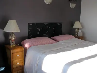 a bedroom with a bed with pink pillows and two lamps at Fireflies Bed & Breakfast in Campbell River