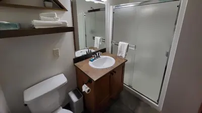 a bathroom with a toilet and a sink and a shower at Settlers Crossing #41 by Bear Country in Sun Peaks