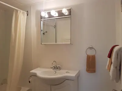 a white bathroom with a sink and a mirror at Flamingo Motel in Cranbrook