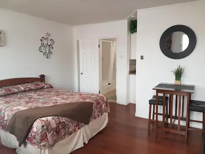 a bedroom with a bed and a table and a mirror at Flamingo Motel in Cranbrook