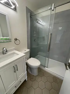 a bathroom with a shower and a toilet and a sink at Destination INN in Radium Hot Springs