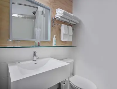 a bathroom with a sink and a mirror and a toilet at Coast Canmore Hotel & Conference Centre in Canmore