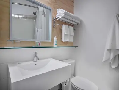 a bathroom with a sink and a mirror and a toilet at Coast Canmore Hotel & Conference Centre in Canmore