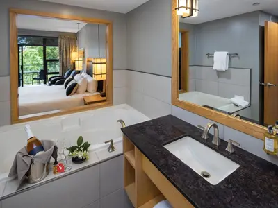 a bathroom with a sink and a large mirror at Brentwood Bay Resort & Spa in Brentwood Bay