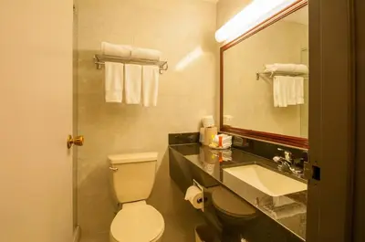 a bathroom with a toilet and a sink and a mirror at Best Western Airport Inn in Calgary