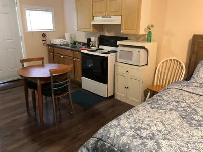 a small room with a kitchen and a table and a bed at Shady Willow Guest House - SMALL Indipendent Units with Seperate Entrance for Travellers in Chilliwack
