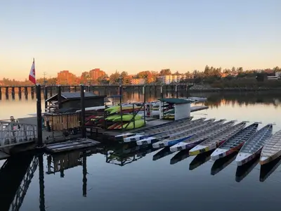 a dock with several boats in the water at Robin Hood Inn and Suites in Victoria