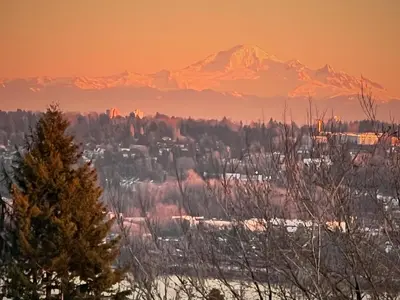 a view of a city with a mountain in the background at Lovely J Home -Stunning river view cozy two bedroom private suite in New Westminster