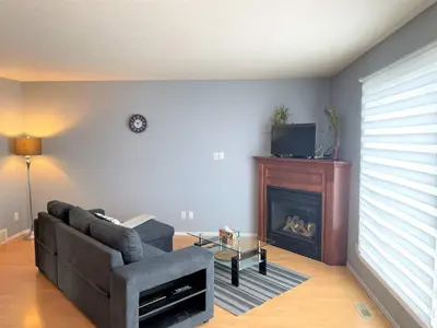 a living room with a couch and a fireplace at Spacious Duplex in Camrose