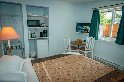 a living room with a bed and a table and chairs at Guest Suite Private Retreat for 2 Guests With AC - 4 Units Available in Abbotsford