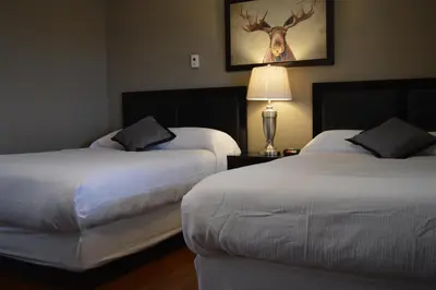 two beds in a hotel room with a deer on the wall at 94 Motel & RV Park in One Hundred Mile House