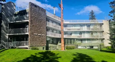 an apartment building with a tree in front of it at Bow View Lodge in Banff