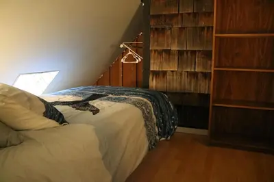 a bedroom with a bed and a book shelf at Five Elements Lodge B&B with Outdoor Spa in Fernwood