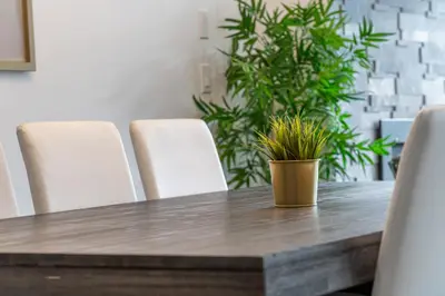 a wooden table with white chairs and a potted plant at Contemporary Luxury 4 bedroom House near Downtown in Calgary