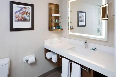 a bathroom with a sink and a toilet and a mirror at Delta Hotels by Marriott Calgary South in Calgary