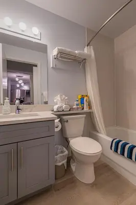 a bathroom with a toilet and a tub and a sink at Mountain View One Bedroom Vacation Suite - WindTower 119 in Canmore