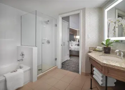 a bathroom with a shower and a sink and a tub at Sun Peaks Grand Hotel & Conference Centre in Sun Peaks
