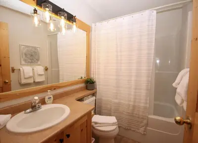 a bathroom with a sink and a toilet and a shower at 2BR in Crystal Forest, Ski In, Ski Out, Fireplace, Private Hot Tub, Steps to the Village in Sun Peaks